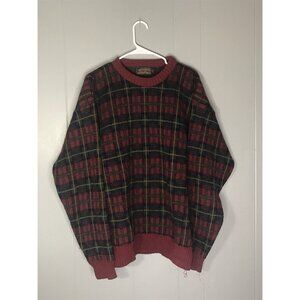 Vintage Eddie Bauer Mens Red Plaid Long Sleeve Wool Sweater Size L Made in USA